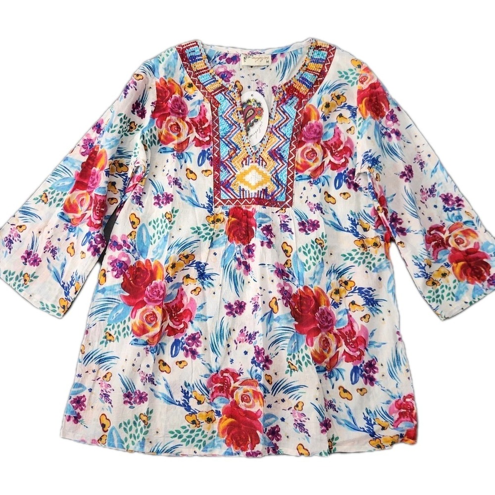 Magazine NWT Colorful Tunic Embroidered Floral BOHO Festival Flowy Top M Cotton
